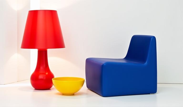 Home goods in bold red, blue, and yellow primary colors